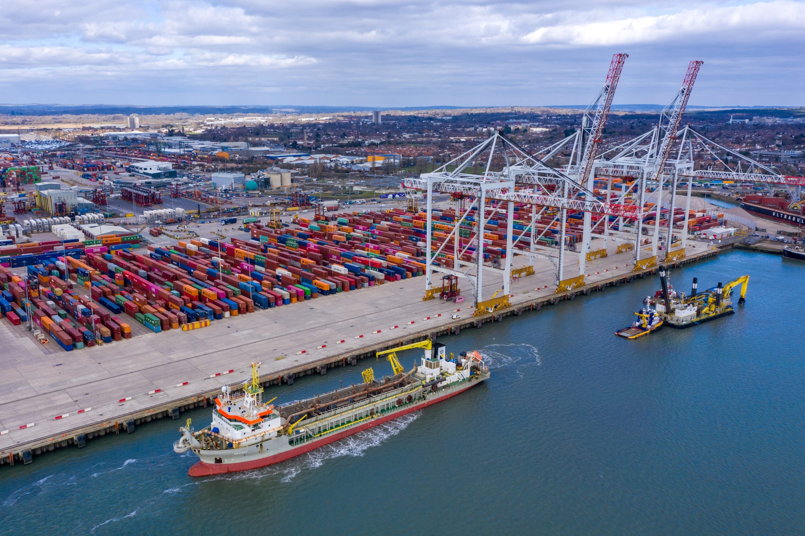 Port of Southampton aerial view showing container terminals and facilities