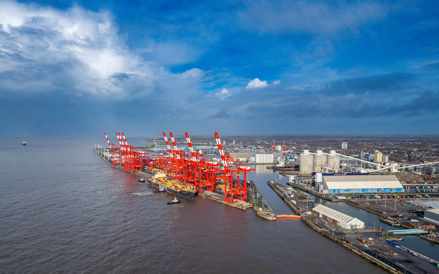 Port of Liverpool aerial view showing container terminals and cargo handling facilities